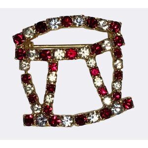 Drum Shaped Brooch Pin Red and Clear Rhinestone with Gold Tone Frame